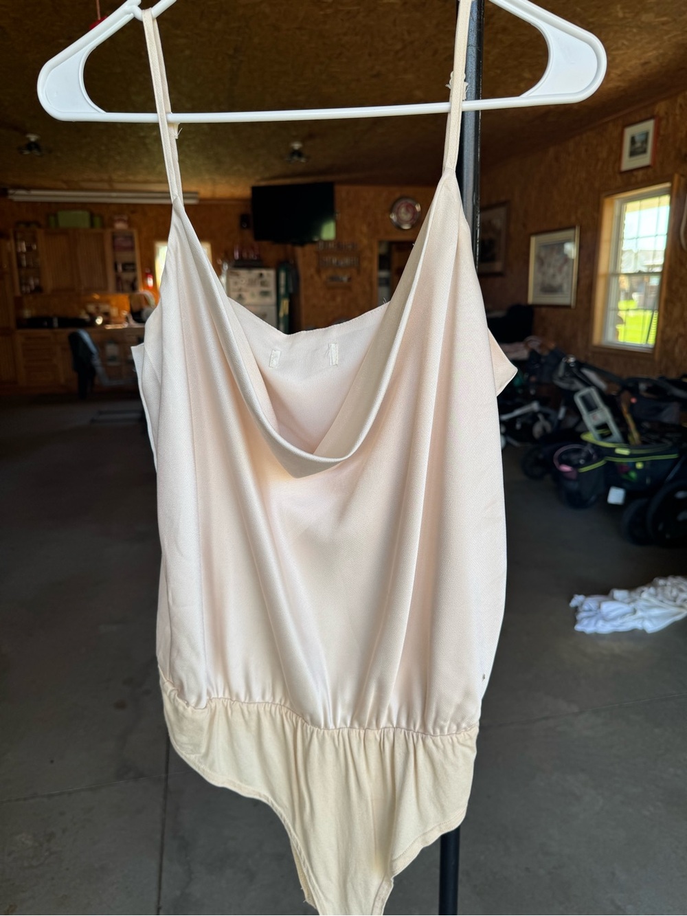 Draped Cowl Neck Beige Bodysuit